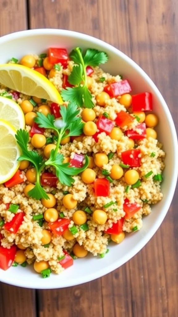 A vibrant bowl of quinoa salad with chickpeas, bell peppers, and parsley, garnished with lemon on a wooden table.
